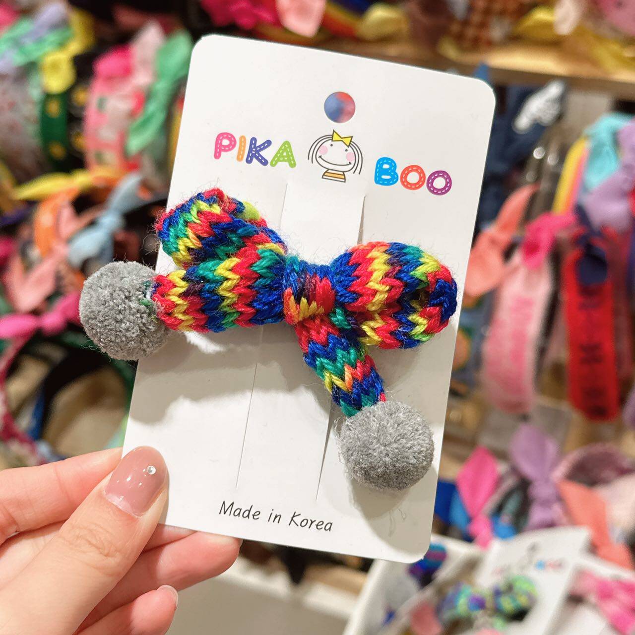 11.6韩国pikaboo儿童发饰彩色毛线珍珠蝴蝶结球球边夹发夹