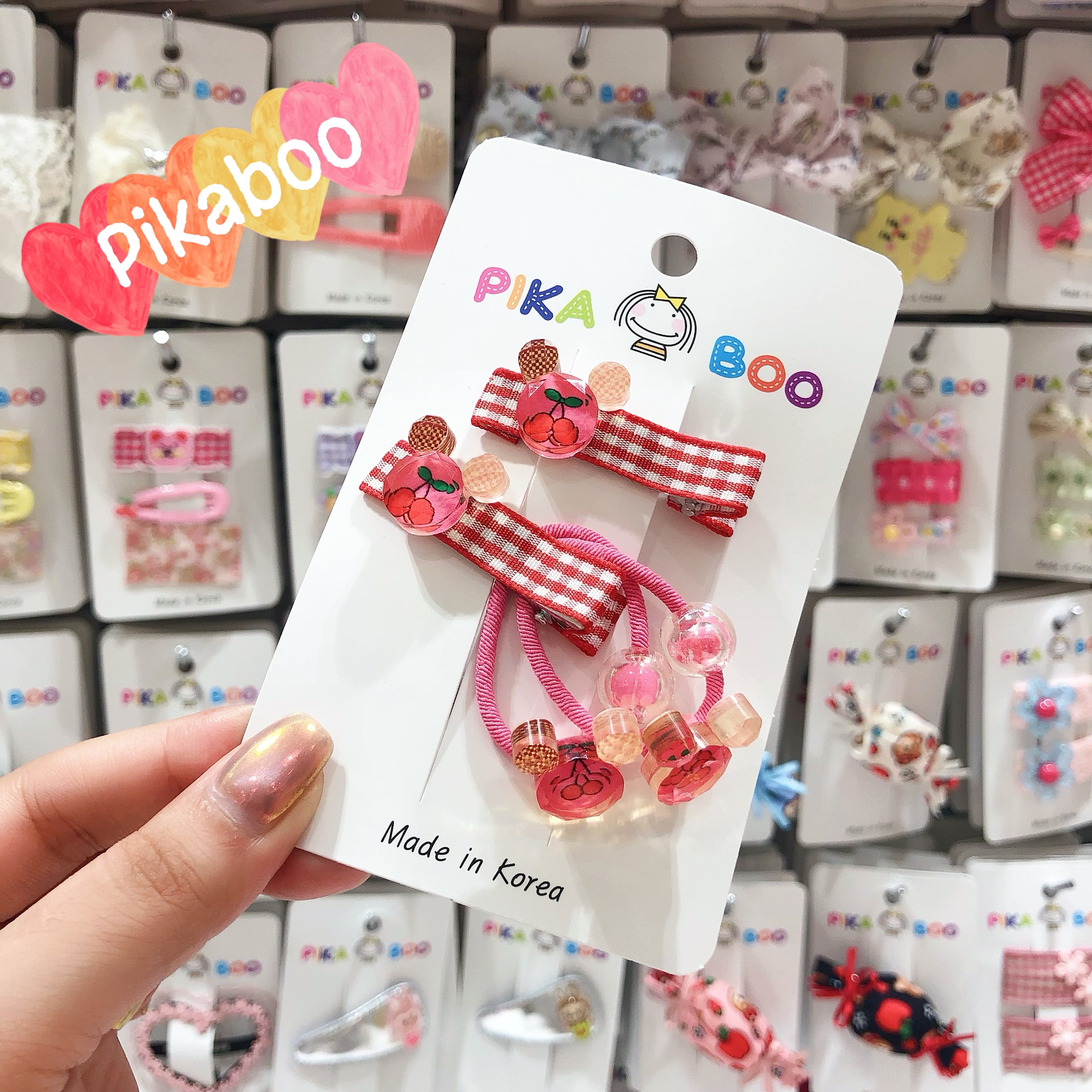 pikaboo韩国东大门儿童新款彩印水果草莓米qi鸭嘴夹发夹发圈套组