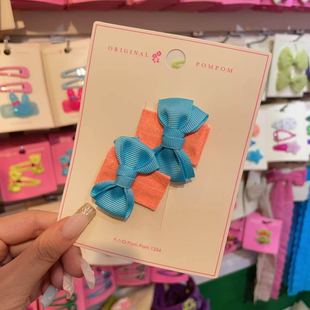 韩国pom新款儿童发撞色荧光布艺蝴蝶结宽款鸭嘴夹发夹对夹