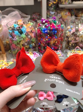 韩国儿童发饰bebeprince可爱毛呢红色蝴蝶结发夹女孩边夹发卡