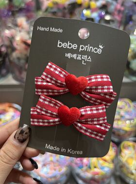 韩国bebeprince儿童秋冬丝绒爱心格纹蝴蝶结鸭嘴夹对夹边夹