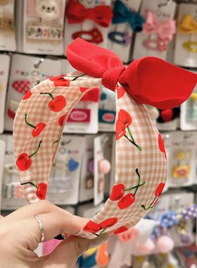 2.26韩国pikaboo儿童发饰布艺樱桃格子蝴蝶结箍发卡发带