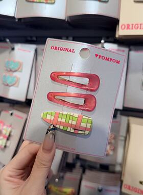 3.4韩国pom新款2026儿童透色拼色格纹边夹发夹套组