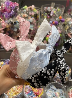 韩国bebeprince儿童发饰刺绣可调节蝴蝶结兔耳朵发箍外戴头箍发卡