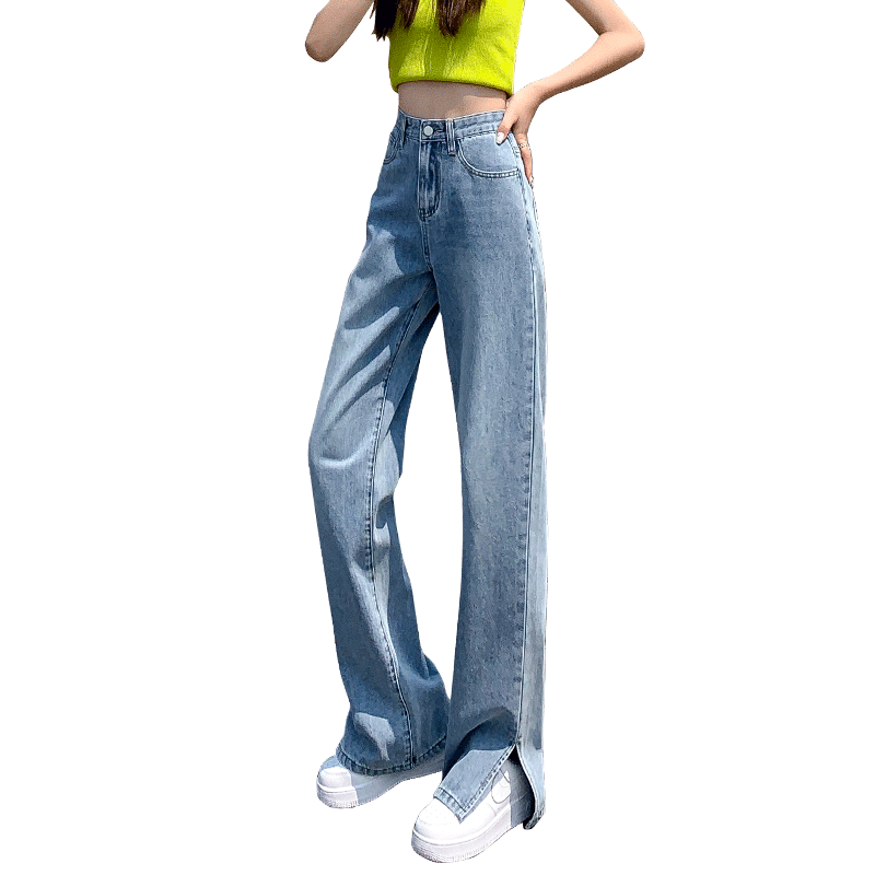 阔腿直筒牛仔裤女女拖地裤浅蓝色