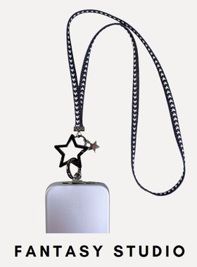Fantasy原创手机挂绳挂脖黑色五角星电话防丢斜挎绳结实女手机链
