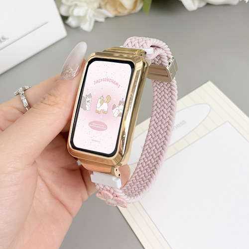 适用于OPPO Watch free表带新款弹力编织金属磁扣贴花替换带OPPO Band2/NFC版女生时尚高颜值表链金属壳配件