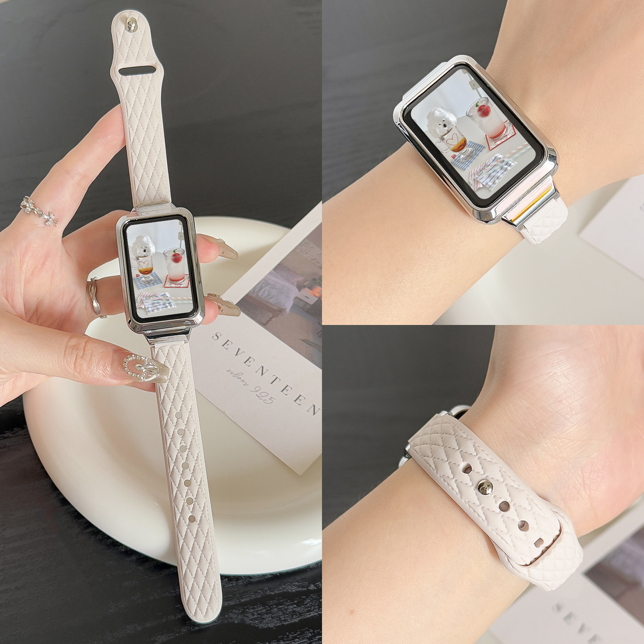适用于OPPO Watch free表带新款硅胶皮纹单钉反扣替换带OPPO Band2/NFC版女生时尚高颜值ins风表链配件 - 实物图