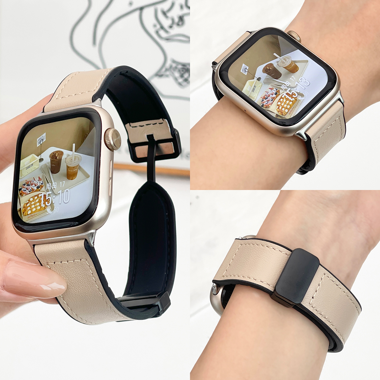 适用于荣耀手表4真皮表带新款疯马皮纹折叠磁吸扣替换带智能运动honor watch 5男女士高级商务表链配件