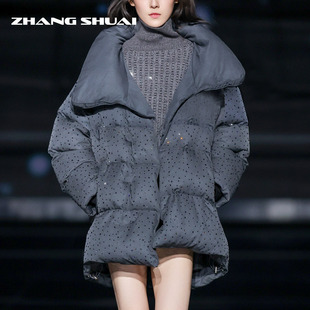 ZHANGSHUAI张帅原创设计25新款闪钻高领灰色白鹅绒中长款羽绒服女
