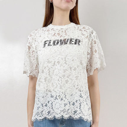 ZHANG SHUAI2025年春季新款时尚简约蕾丝衫短袖上衣字母绣花