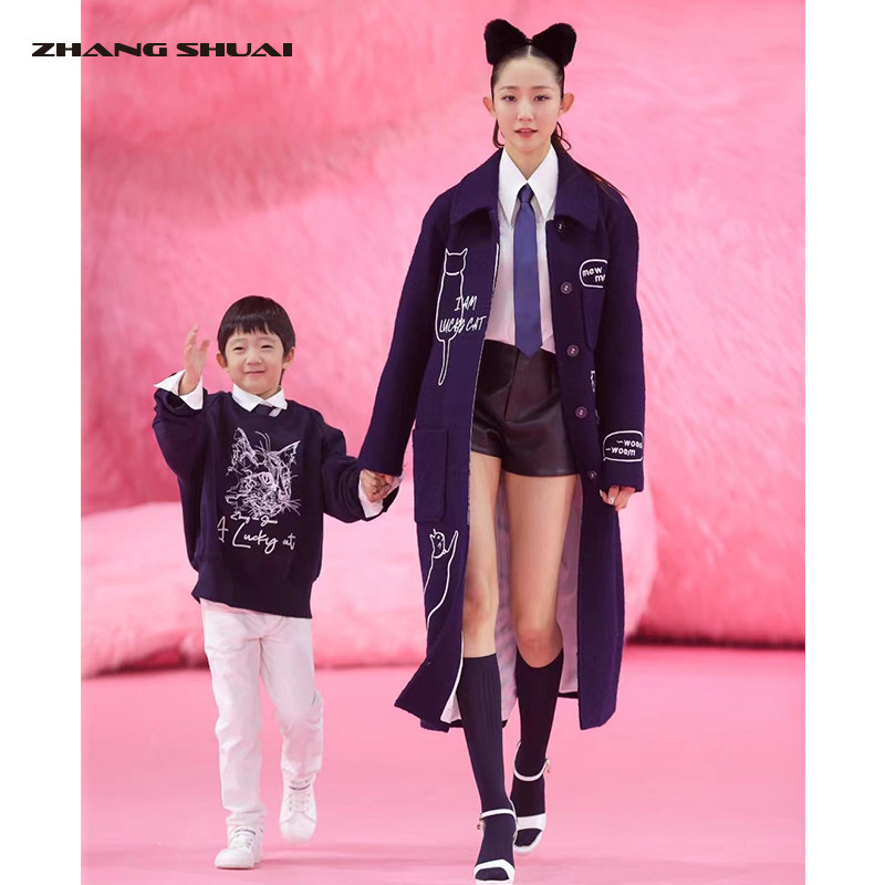 ZHANGSHUAI张帅 优雅风气质蓝高级感宽松腰带感猫咪线迹绣花大衣,女装/女士精品,毛呢外套,淘宝优惠券,粉丝福利购,淘宝优惠卷