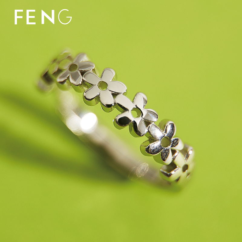 刻字花朵戒指烽之银925纯银ins女