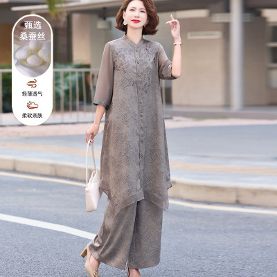 桑蚕丝妈妈夏装套装中老年女装
