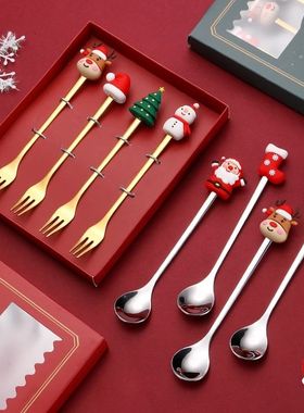 6/4PCS Christmas Gift Glod Silver Spoon Fork Set Elk Christm