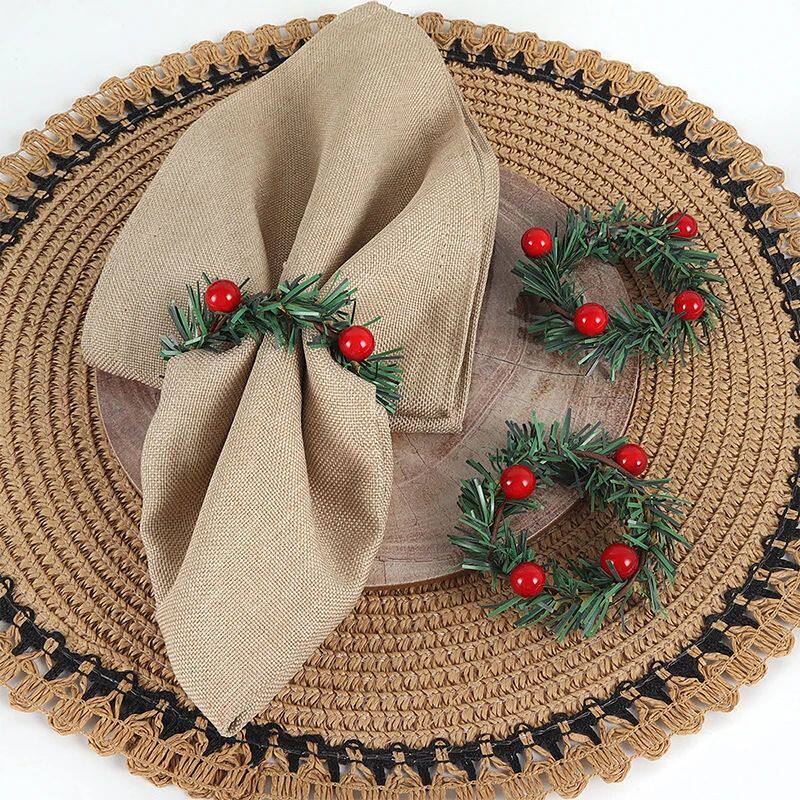6 Pcs Red Fruit Pine Needle Flower Rings, Thanksgiving, Chri