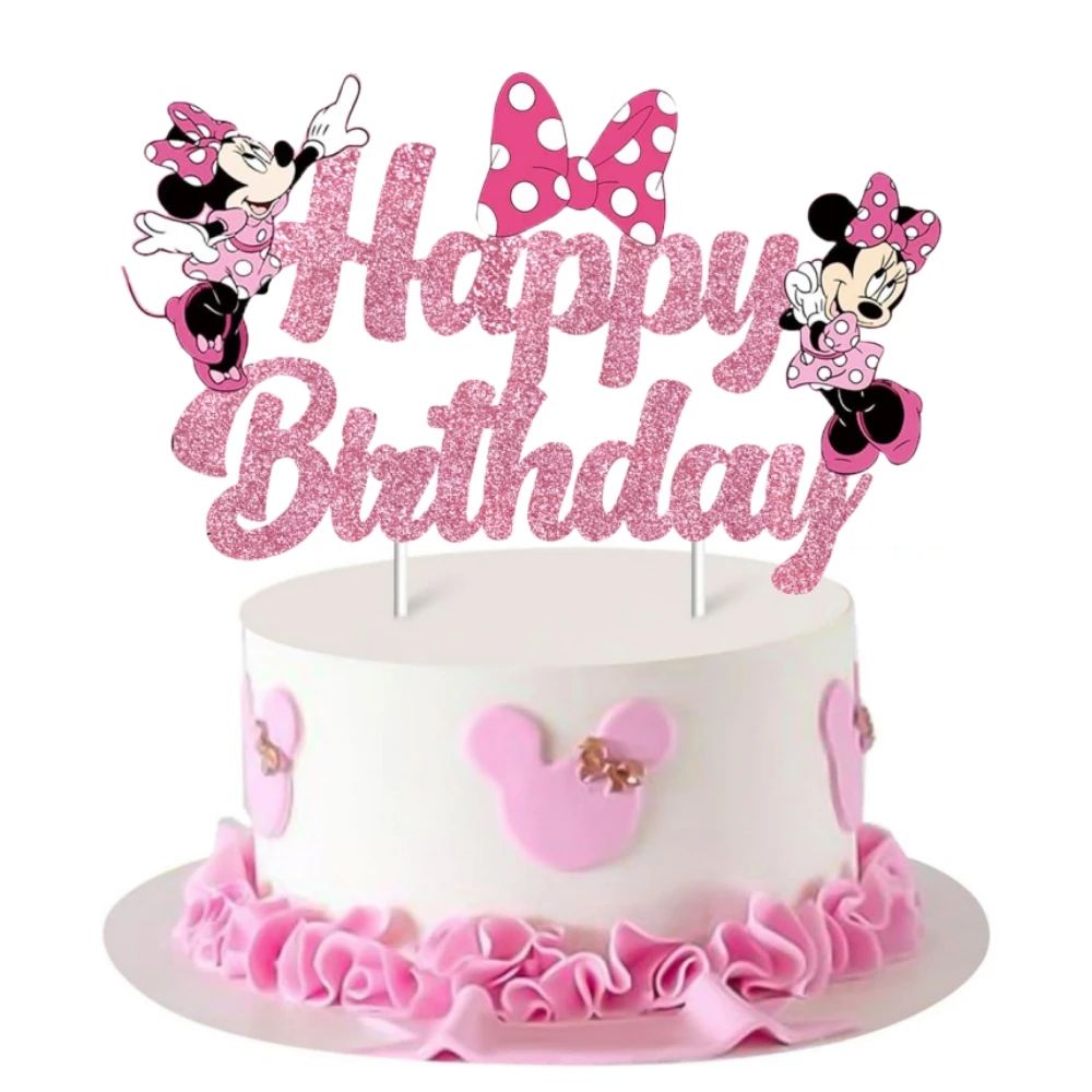 Mouse Cake Topper Glitter Pink Happy Birthday Cake Decor Par
