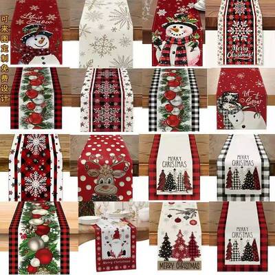 Christmas Table Runner Linen Print Christmas Snowman Table R