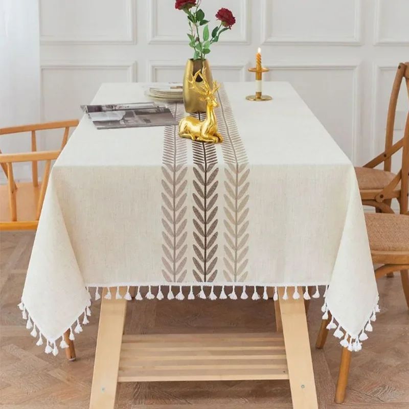 Rustic Embroidery Tablecloths Cotton Linen Coffee Leaves Pat
