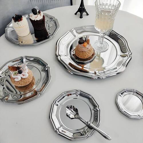 Vintage Embossed Silver Round Tray Serving Platter for Desse