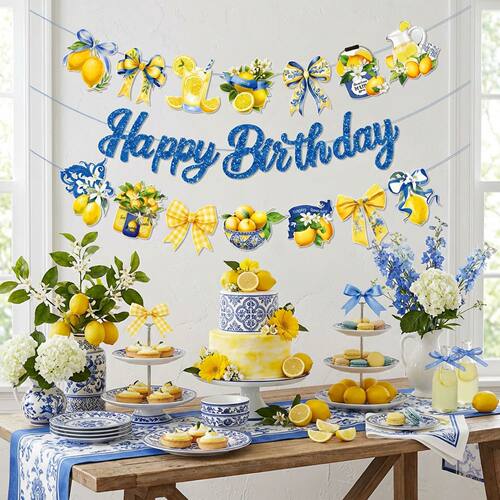 Blue&White Lemon Theme Birthday Banner Garland Summer Fruit