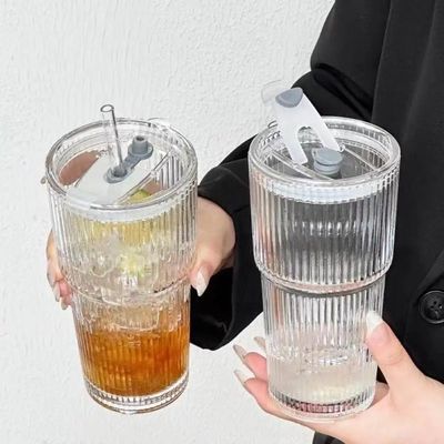 600ML Stripe Glass Coffee Cup with Straw Lid For Milk Tea Ju