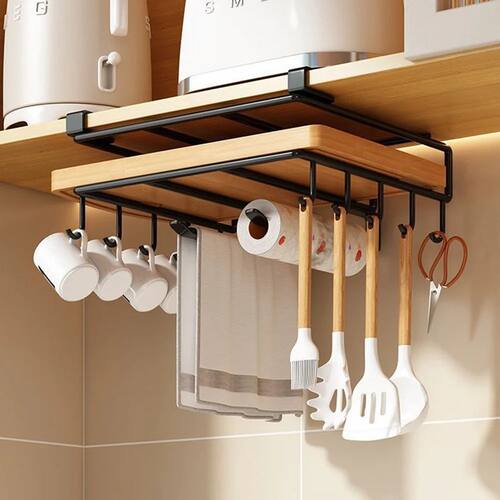 Under Cabinet Kitchen Organizer Rack with Hooks Multi-Purpos