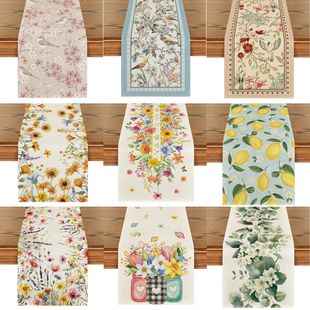 Spring Lemons Flowers Linen Table Runner Holiday Party Decor