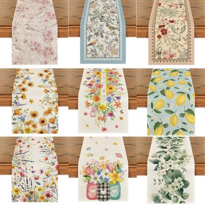 Spring Lemons Flowers Linen Table Runner Holiday Party Decor