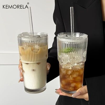 600ML Stripe Glass Coffee Cup With Lid and Without Cover Str