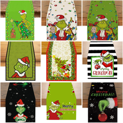 Christmas Linen Table Runner Green Geek Clown Print Pattern