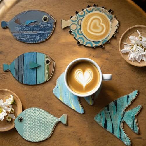 6pcs 2D Fish-Shaped Wooden Coasters Anti-skidding Heat-Resis