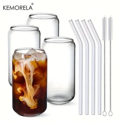 Drinking Glasses Cup with Glass Straw 4pcs Set Can Shaped Fo