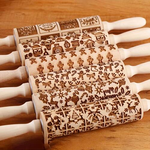 1pc 13.7in Wooden Christmas Embossed Rolling Pin For Pastry