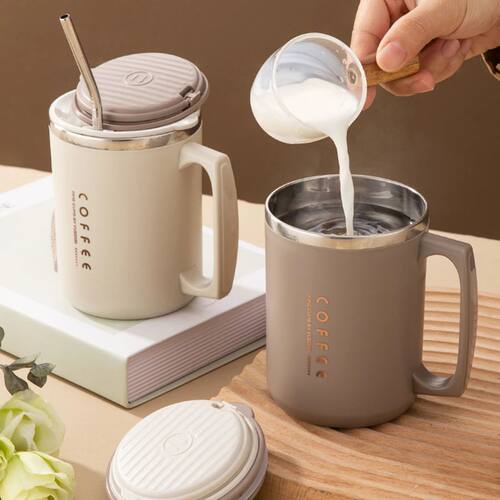 Double-layer Coffee Cup With Spoon&Straw Milk Coffee Mug Por