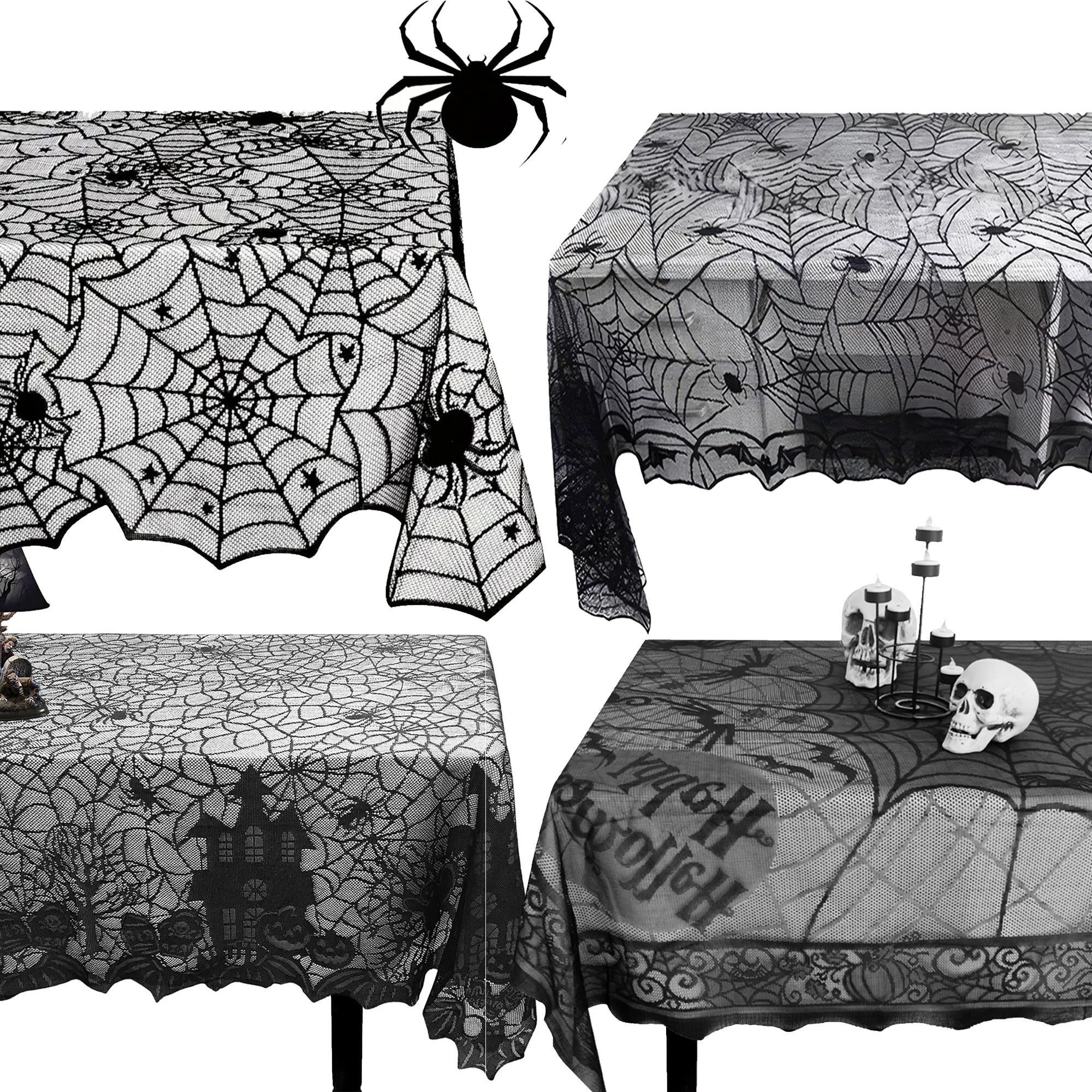 Halloween Lace Table Runner Black Spider Web Tablecloth Fire