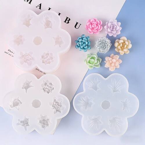 7pcs Succulent Flowers Candle Mold 3D Cactus Lotus Rose Soap