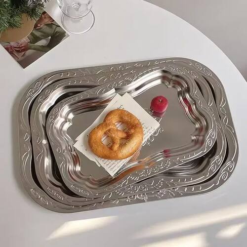 1PCS Stainless Steel Rectangular Tray with Embossed Design f