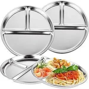 23CM Creative Round Stainless Steel 3 Grid Durable Dinner Pl