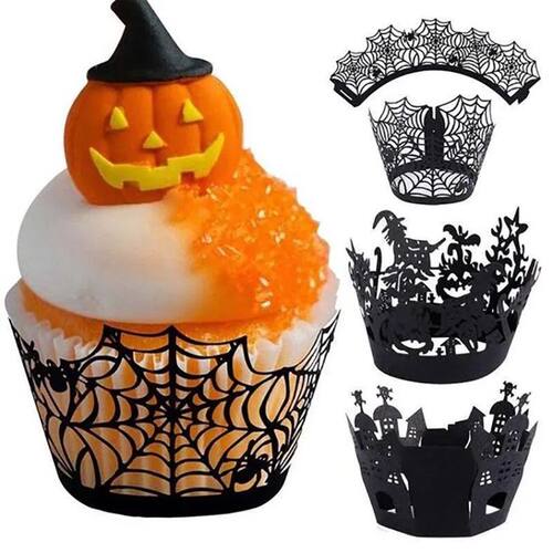 12set Halloween Cupcake Wrappers Black Spiderweb Castle Lase