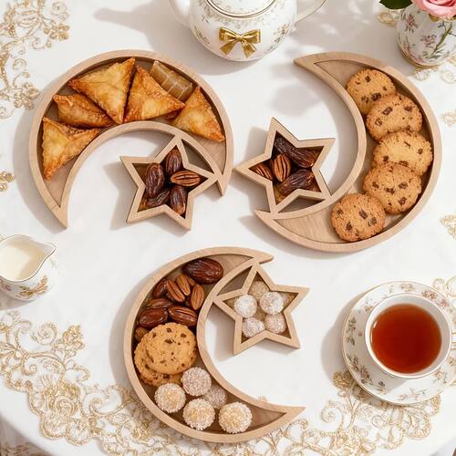Wooden Moon Star Tray Dessert Snack Plate Serving Platter Ho