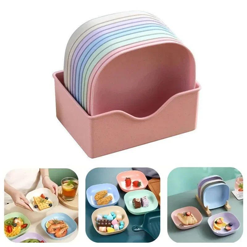 10 Square Dinner Plates with 1 Holder Portable Food Plate Se