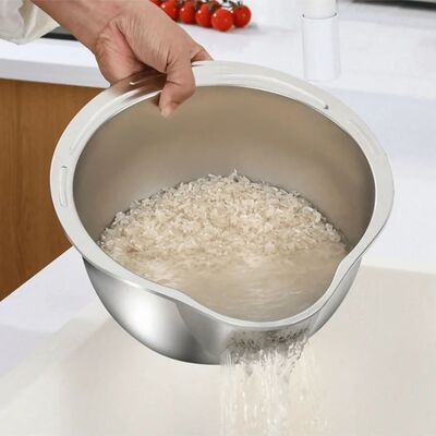 Stainless Steel Rice Washing Bowl with Drain Holes, 2-in-1 V
