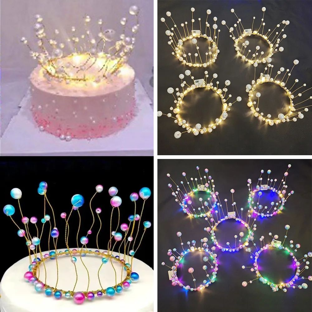 New LED Lamp Pearl Crown Cake Topper Decor Princess Party To