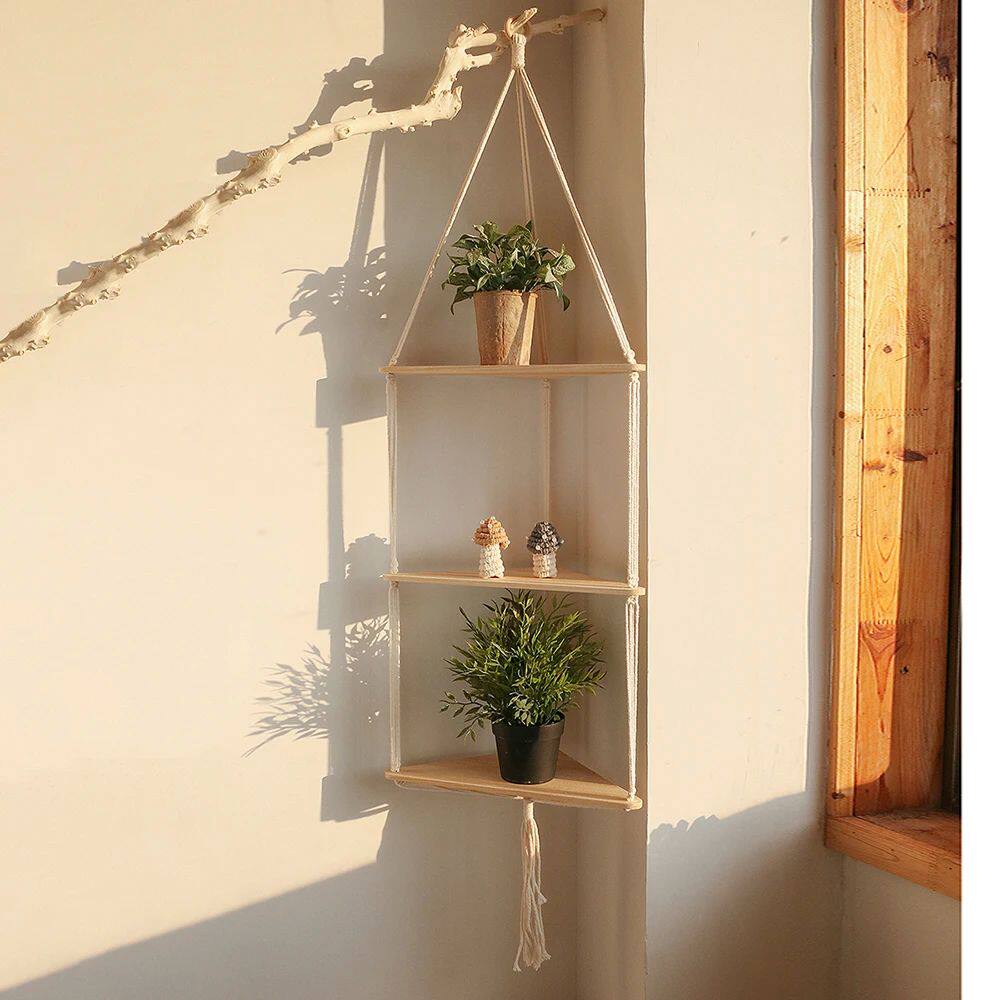 Corner Shelf Macrame Wall Hanging Wood Floating Shelves Rust