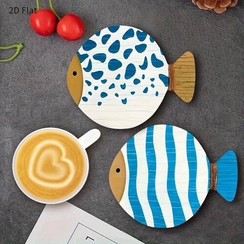 1/4PCS Fish-shaped Wooden Coasters - Bright Blue and White P