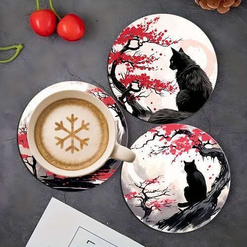 6pcs 2D 4in Black Cat Theme Wooden Cup Coasters Heat-resista