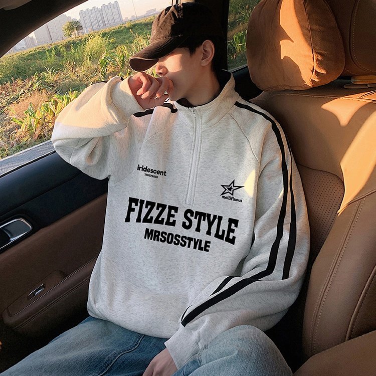 半拉链卫衣男秋冬季新款黑色百搭宽松加绒厚大码男生运动立领长袖