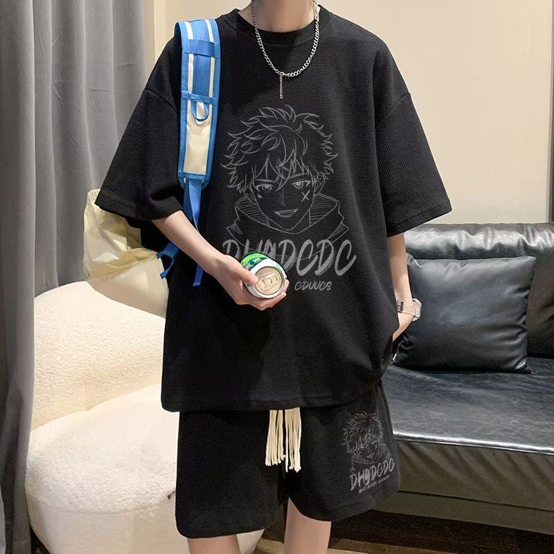 短袖t恤套装男款夏季ins潮流帅气美式休闲外穿短裤搭配运动两件套