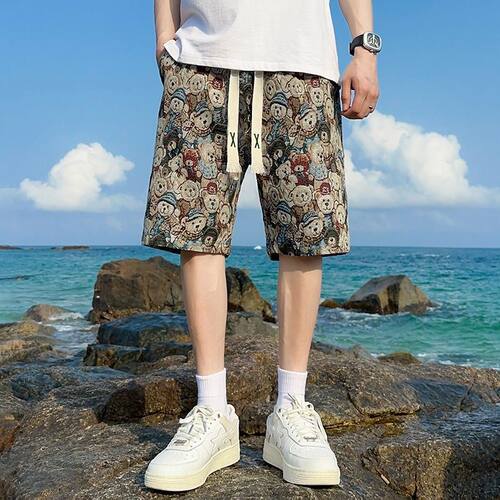男短裤夏季休闲外穿五分宽松运动印花大裤衩海边度假沙滩冰丝裤子